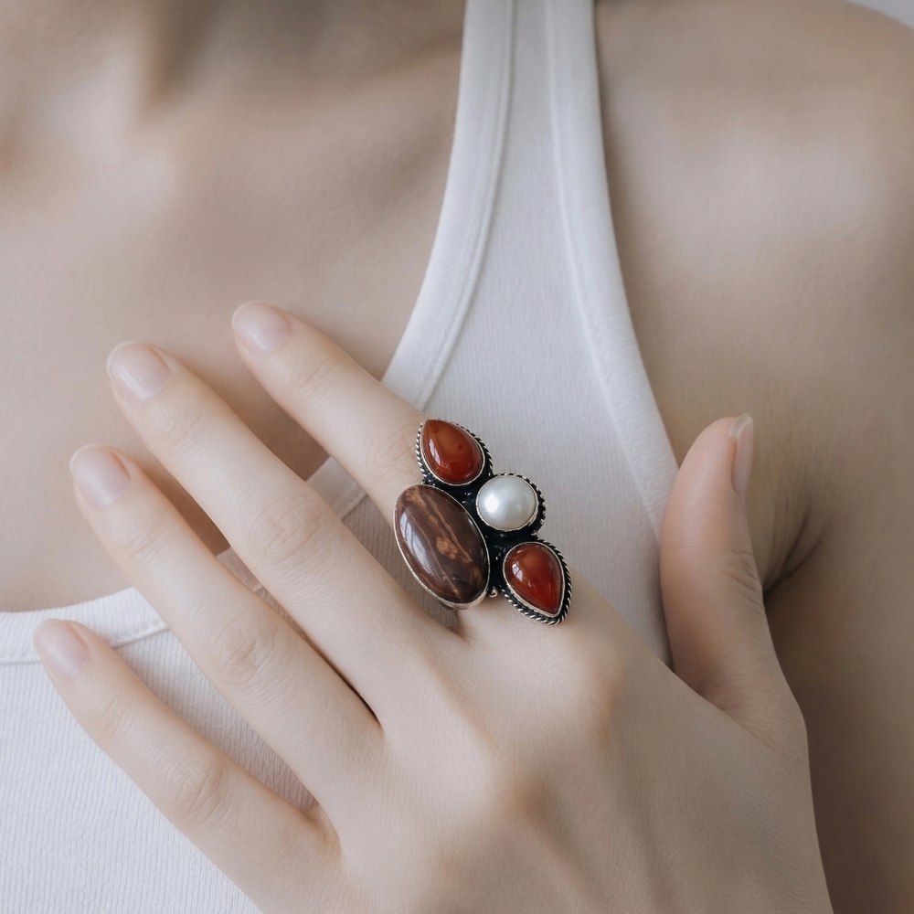 925 Signed Multi Stone Statement Ring Size 8 Red … - image 3